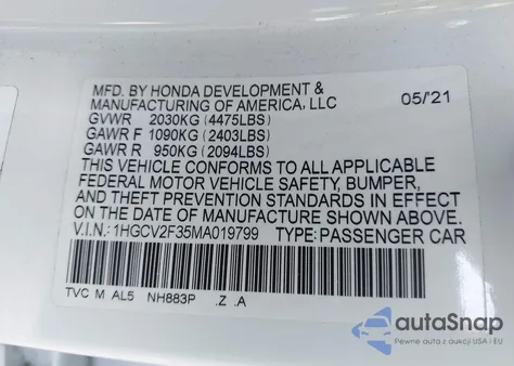 2021 Honda Accord Sport 2.0T from USA, damaged, VIN 1HGCV2F35MA019799